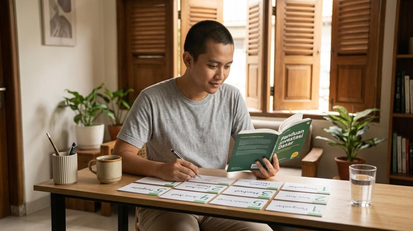 Ilustrasi edukasi investasi dasar dengan buku dan grafik sederhana