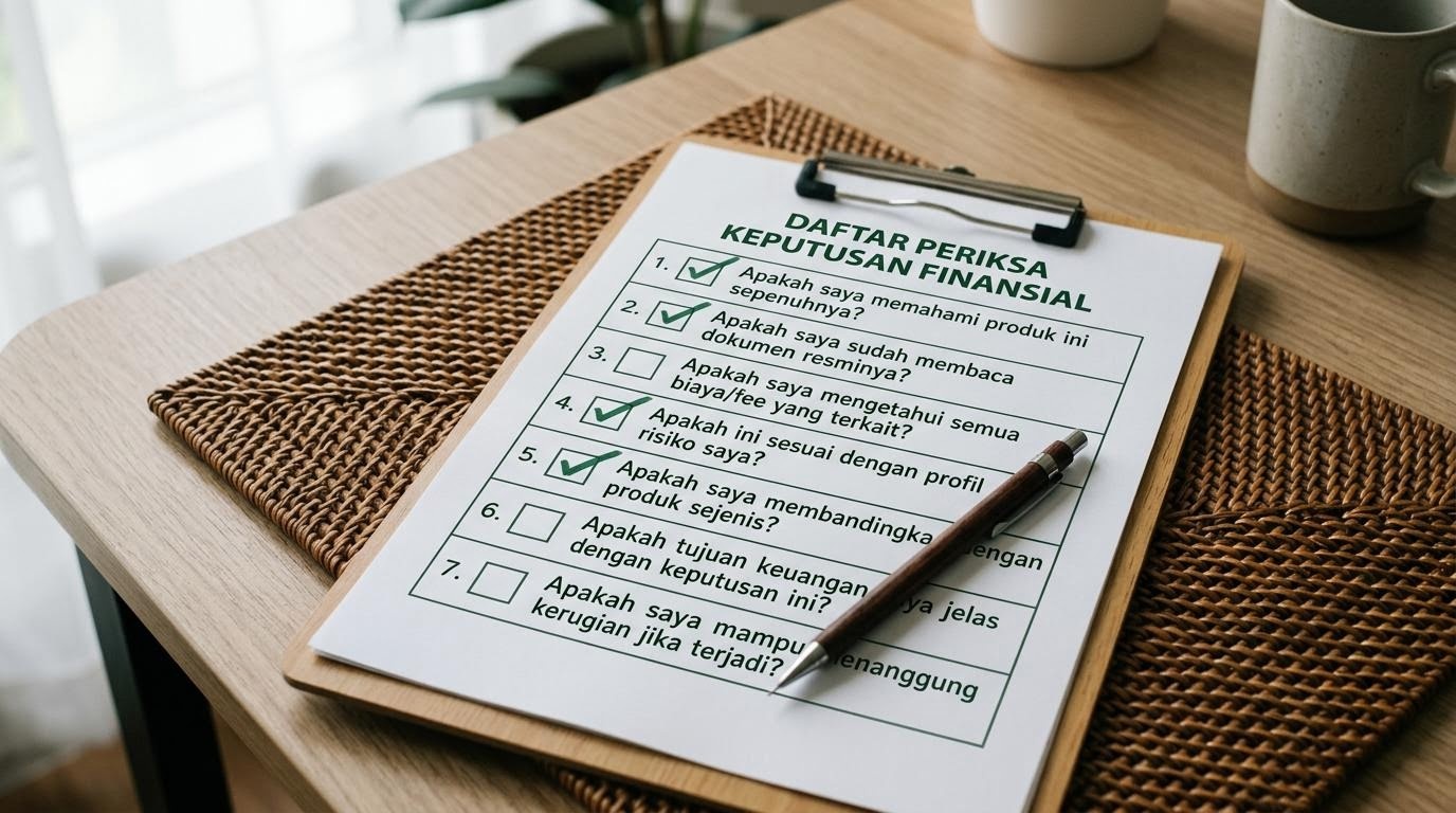 Ilustrasi proses evaluasi dan pengambilan keputusan finansial yang terstruktur dengan daftar periksa