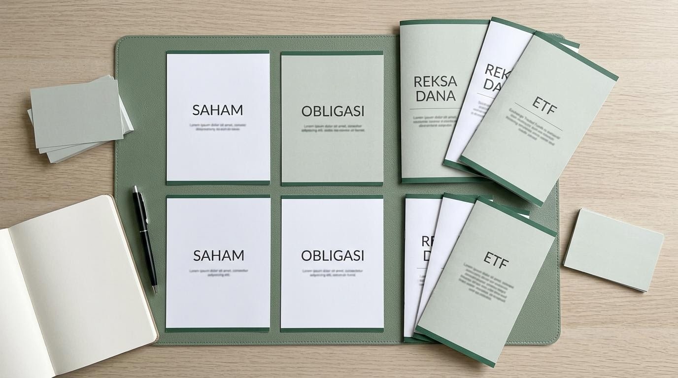 Ilustrasi produk pasar modal Indonesia termasuk saham, obligasi, reksa dana, ETF, dan efek beragun aset