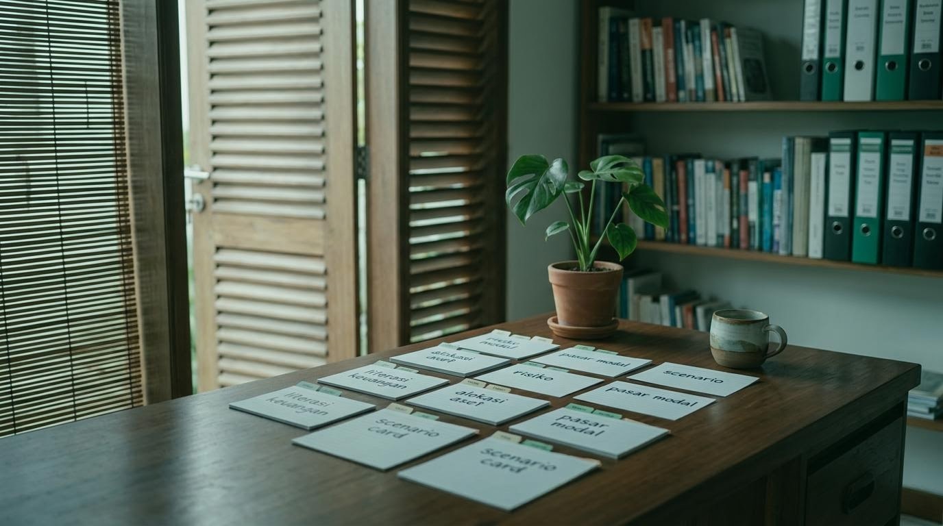 Sudut referensi Denpasar dengan kartu topik tersusun seperti playbook keuangan